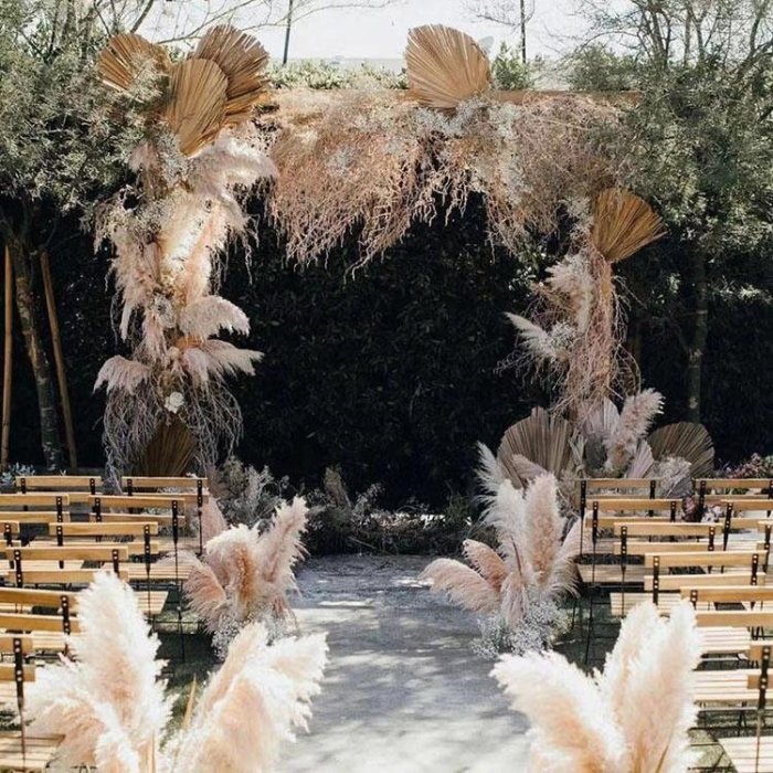 Pampas grass aisle wedding floral using choose board backdrop decor centerpieces flowers